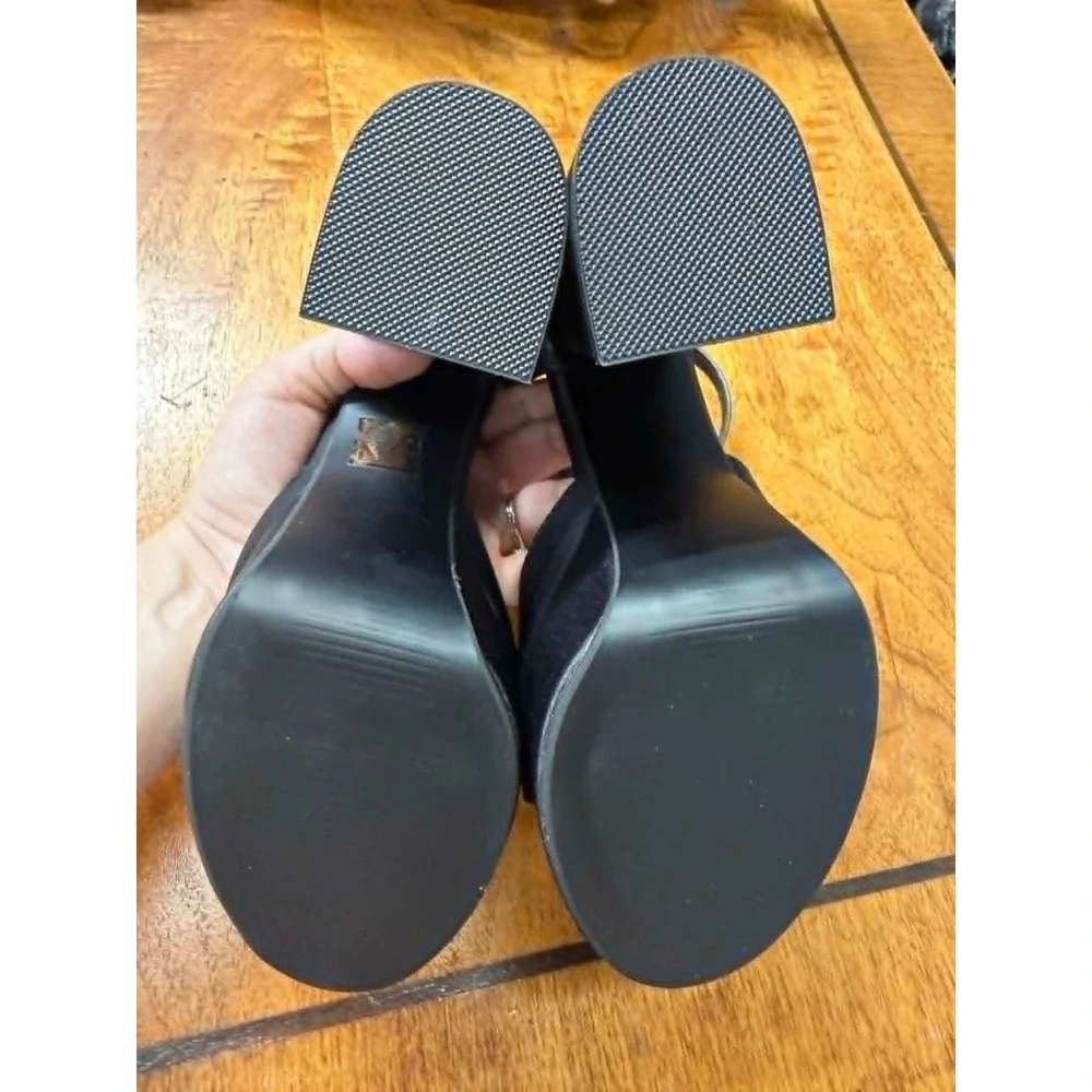 New Womens 37 6.5 Black Satin Platform Block‎ Heel Sandals Ankle Strap Open Toe